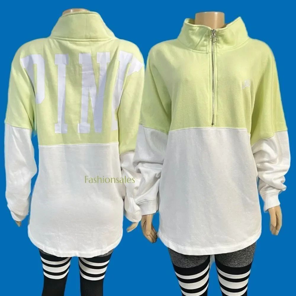 Victorias Secret Pink Varsity Half Zip Oversized Sweatshirt Green White XXL